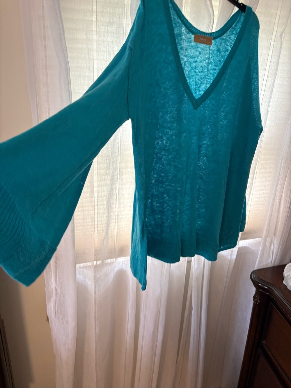 Free People Teal V-Neck Bell-Sleeve Knit Top